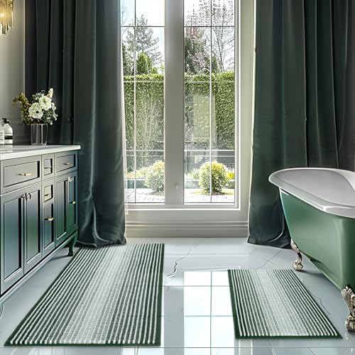 BSICPRO Bathroom Rugs Sets 2 Piece, Non Slip Striped Bath Mat, Hunter Green by BSICPRO