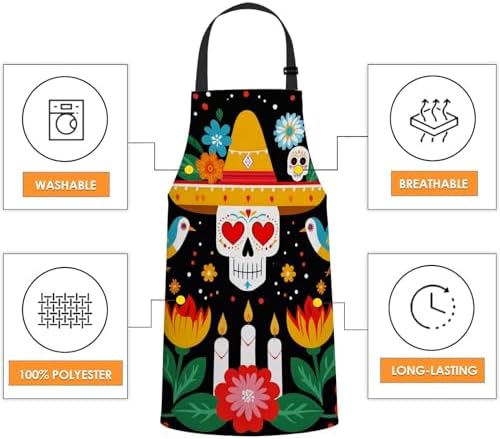 Day of the Dead Kitchen Apron for Women Men, Unisex Adjustable Cooking Apron - Image 4