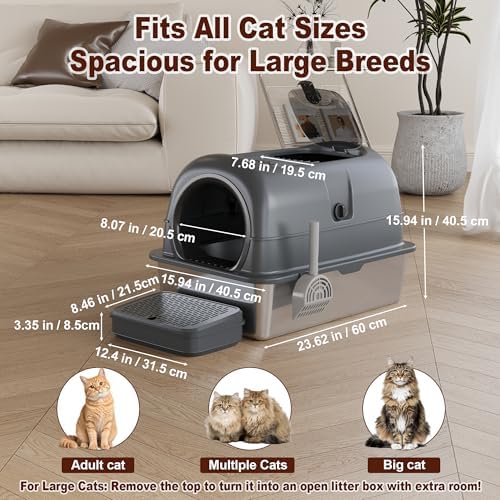 Low Entry High Sided Large Enclosed Cat Litter Box, Stainless Steel Litter Pan - Image 5