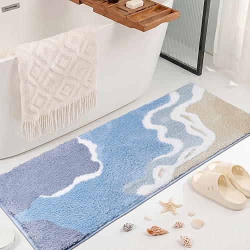 Blue Bathroom Runner Rugs, Non-Slip Absorbent Cute Coastal Bath Mat by Cevolyn