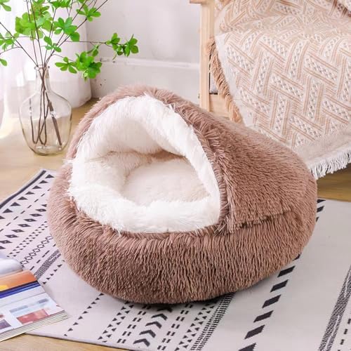 Round Fluffy Hooded Cat Bed Cave, Anti-Anxiety Cave Bed - Image 2