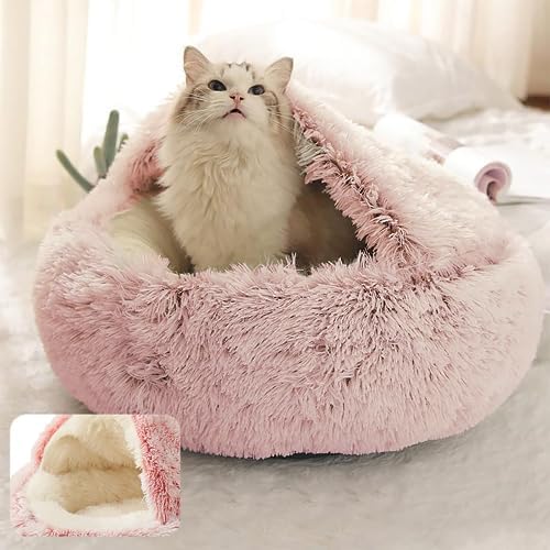 ShinHye Cat Bed Round Plush Fluffy Hooded Cat Bed Cave, Cozy - Image 3