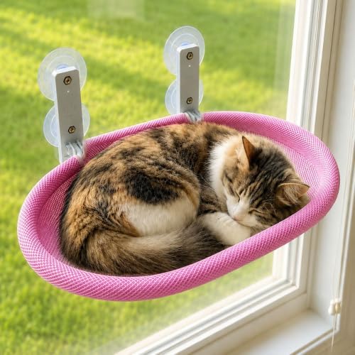 Foldable Cat Window Perch with Suction Cups & Pink Breathable Mesh Cover by Unknown