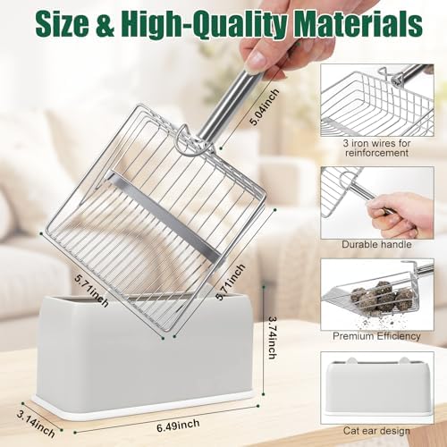 Cat Litter Scoop with Holder, Heavy Duty Metal Litter Sifter with Storage Stand - Image 4
