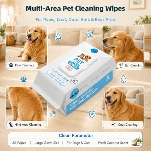 Pet Glove Wipes for Dogs & Cats, Thick Moisturizing Fur Care, Picks Up Loose Fur - Image 2