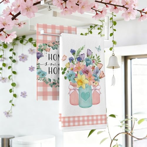 Spring Summer Floral Kitchen Dish Towels Set of 2, Home Sweet Home - Image 3