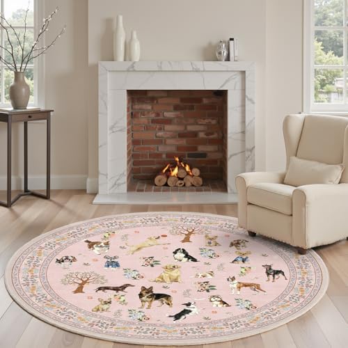 Pink 4Ft Round Dogs Area Rug for Living Room Bedroom - Image 4