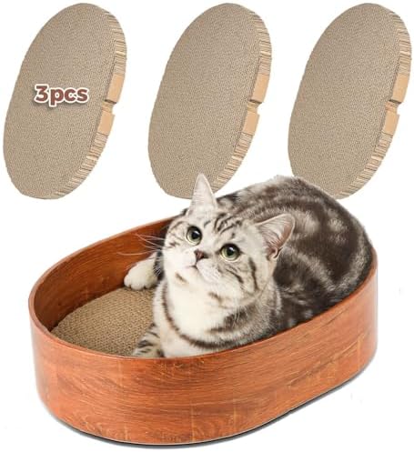 Oval Cat Scratcher Bed 16 in, 3 Reversible Cardboard Scratch Pads by ComSaf