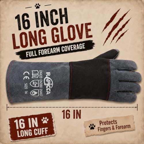 RAPICCA Animal Handling Gloves, Bite Proof Double Leather, 16 in Grey-Black - Image 6
