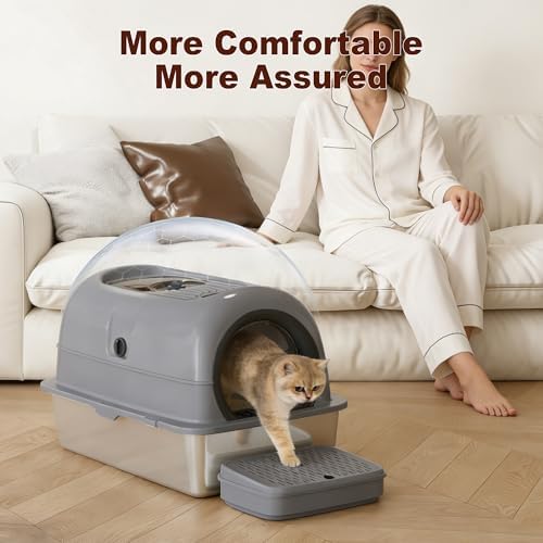 Low Entry High Sided Large Enclosed Cat Litter Box, Stainless Steel Litter Pan - Image 7