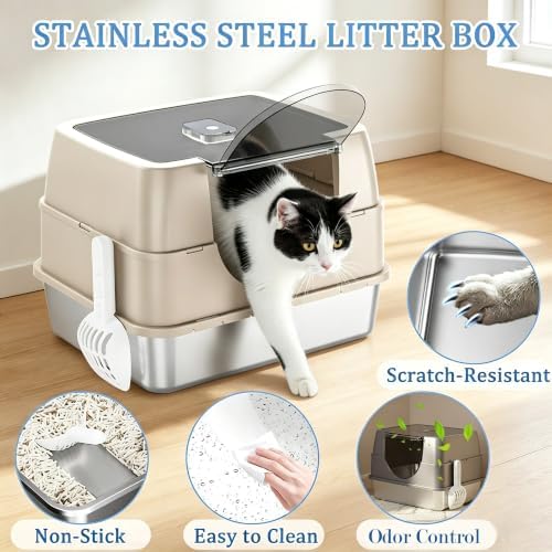 Flip-top Stainless Steel cat Litter Box, Fully Enclosed cat Toilet - Image 4
