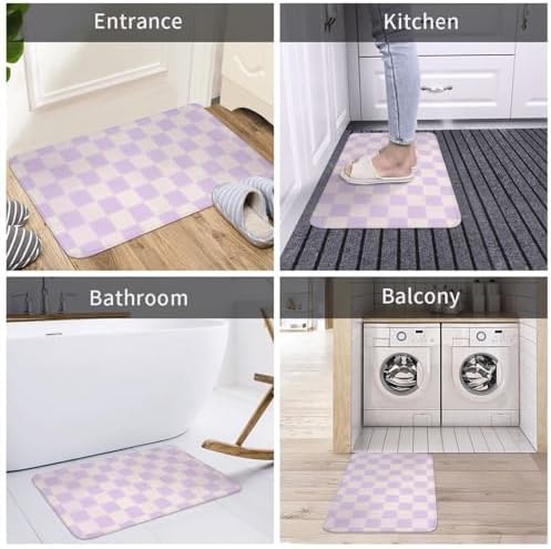 Purple Checkered Grid Bath Mat Non-Slip Soft Microfiber Bathroom Rugs Washable - Image 7