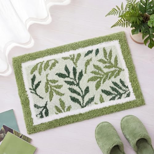 Boao Sage Green Bathroom Rug Tufted Leaf Bath Mat Non-Slip Soft Absorbent - Image 3