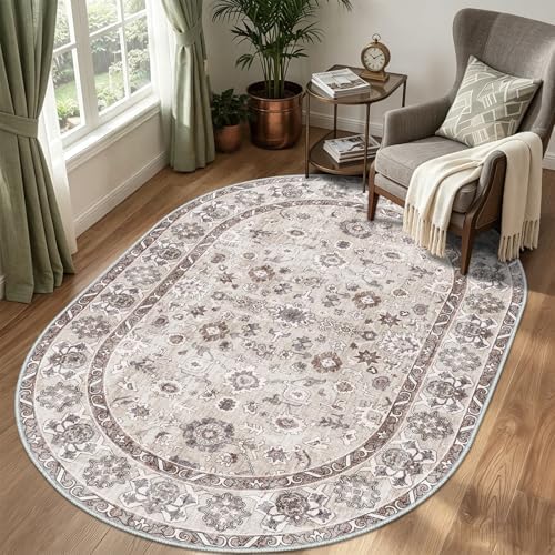 Washable Oval 5x6 Area Rug Soft Floral Carpet by NYZEL