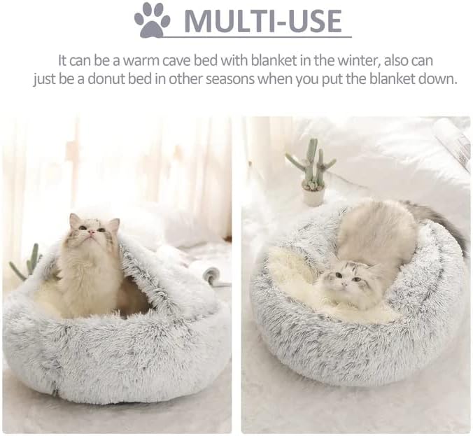 Cat Bed Round Fluffy Hooded Cat Bed Cave, Anti-Anxiety Cave Bed - Image 6