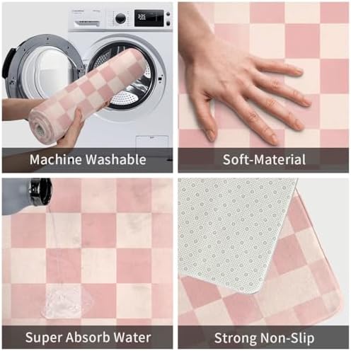 Pink Checkered Bath Mat Non-Slip Soft Microfiber Bathroom Rugs Washable Bathmat - Image 6