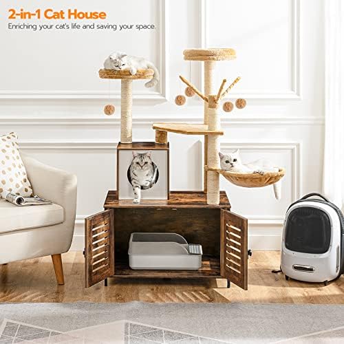 HOOBRO Cat Tree with Litter Box Enclosure, Scratching Posts, Litter Box - Image 3