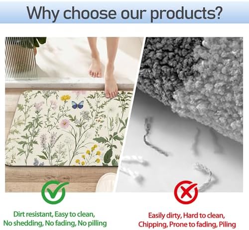 Vintage Floral Bath Mat 29.5"x17", Herbs Wild Flowers Slim Low-Profile Fast - Image 4