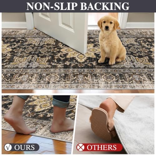 Washable 3x3 Square Rug for Entry Bathroom Kitchen Bedroom Black/Gold - Image 6