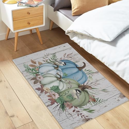 Giwawa Blue Pumpkin Bath Rug Autumn Leaves Bathroom Mat Non Slip Absorbent - Image 2