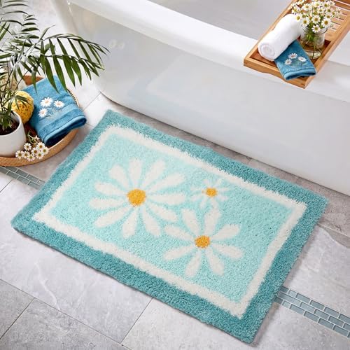 Boao Teal Daisy Coastal Bathroom Rug Tufted Non Slip Bath Mat 24x16 Inches - Image 6