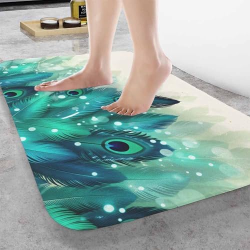 Peacock Feather Bathroom Mat Rugs Watercolor Gradient Blue Soft Halo Microfiber - Image 2