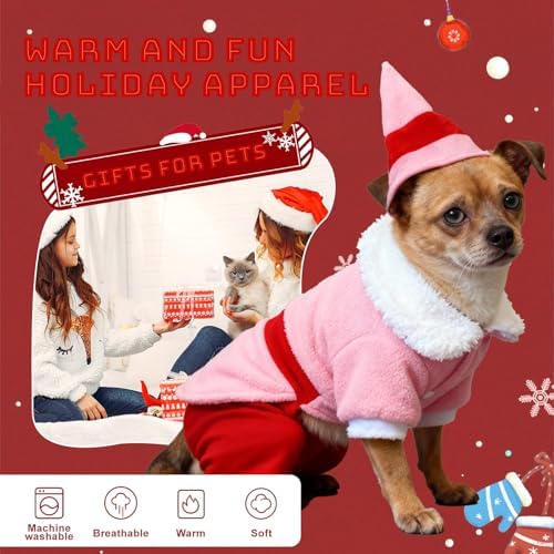 Dog Elf Christmas Outfit with Cap, Funny Party Cosplay Winter Warm Dogs Christmas Outfit (Pink, 3X-Large) - Image 2