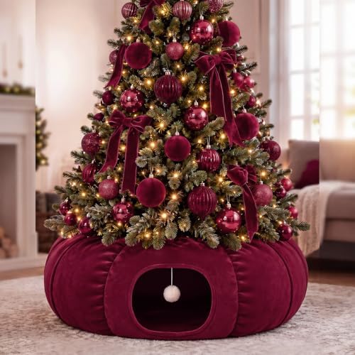 Christmas Tree Cat Tunnel 36 in Donut Bed, Burgundy, Velvet, Fluffy by SilTriangle