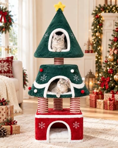Cat Christmas Tree with 3 Cozy Condos for Indoor Large Cats by Unknown