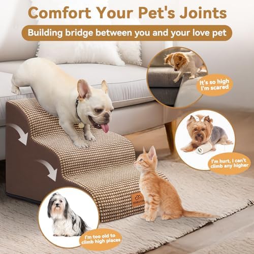 Zerbuger Dog Ramp and Stairs for Bed, Coffee 3 Steps 16" H, Nonslip Cover - Image 4