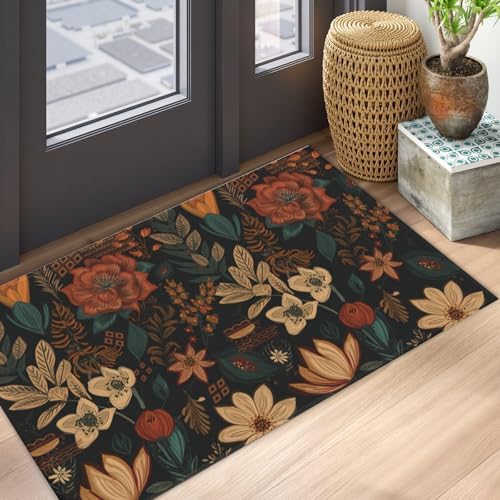 Giwawa Boho Floral Bath Rug Black Mid Century Bathtub Mat Absorbent Non Slip - Image 5