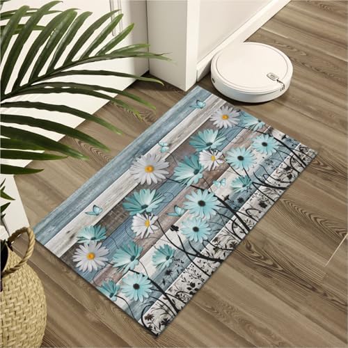 Giwawa Daisy Floral Bath Rug Rustic Wood Bathtub Mat Soft Absorbent Non Slip - Image 6