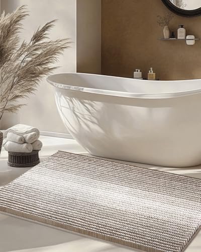 BSICPRO Large Chenille Bathroom Rugs, 24x43 Striped Bath Mats, Light Taupe by BSICPRO