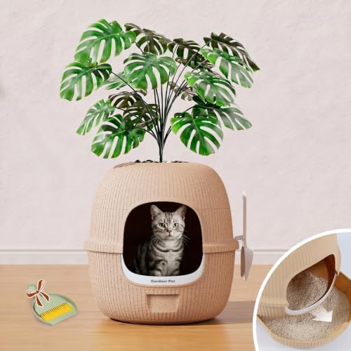 Hidden Cat Litter Box with Faux Plant & Scoop, Drawer Decorative Litter Box by GardnerPet