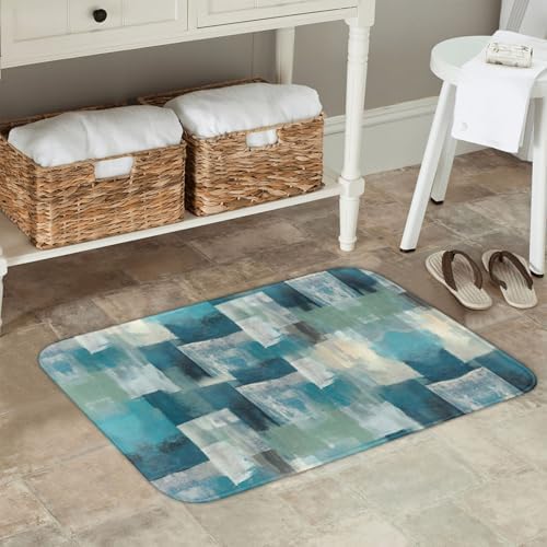 Turquoise Grey Modern Geometric Bath Mat 24x16 Inch Non-Slip Soft Microfiber - Image 2
