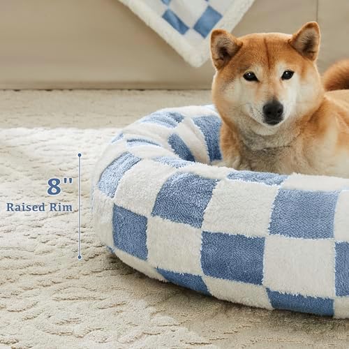 Ohocut Checkered Cat Dog Bed, Cute Blue Retro Style Aesthetic Round Warming Pet - Image 3