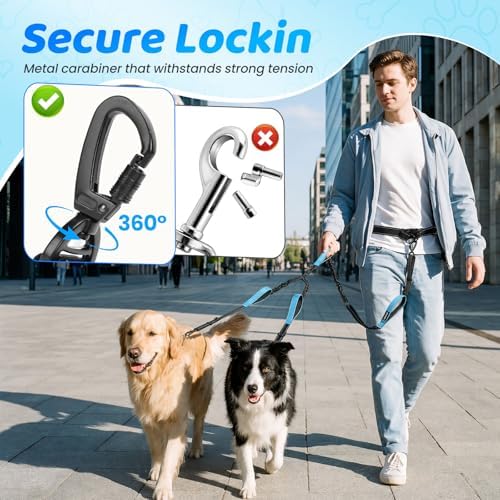 Hands Free Leash for 2 Large Dogs, No Tangle Waist Walking Bungee Leash - Image 4