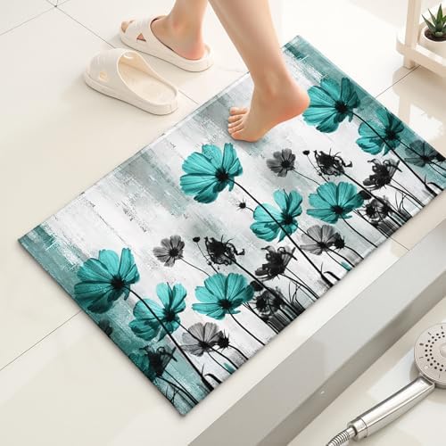 Teal Floral Bath Rug Turquoise Flower Bath Carpet Soft Plush Absorbent Doormat - Image 2