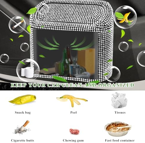 Bling Car Trash Can with Lid, Sparkly Mini Crystal Litter Container Auto - Image 4