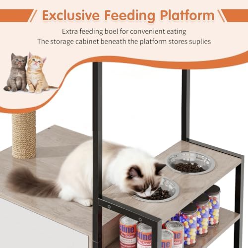 HavenlyYouth Cat Tree with Food Station and Litter Box Enclosure, Plush Hammock - Image 4