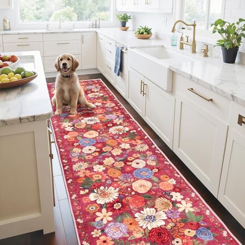 Red Floral Hallway Runner Rug 2x10 by WelcometoBabovid