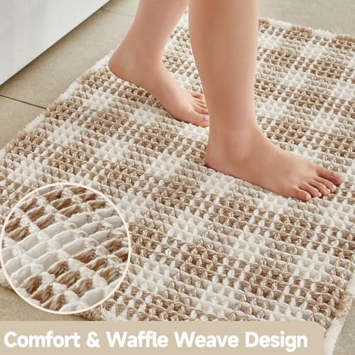 TYUU Waffle Runner Rug Bathroom, Long Boho Bath Mat, 72x24 Khaki & White - Image 3