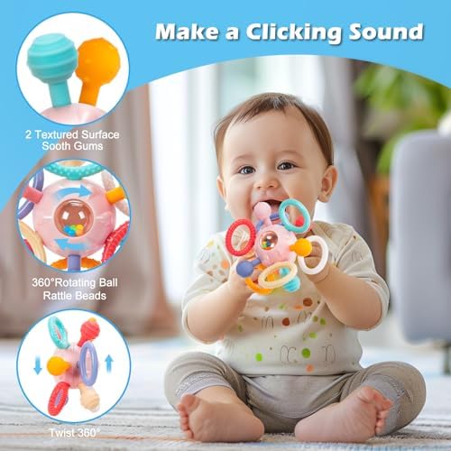 Baby Montessori Sensory Teething Toy 0-6 6-12 Months, Teether Ball & Rattle - Image 3