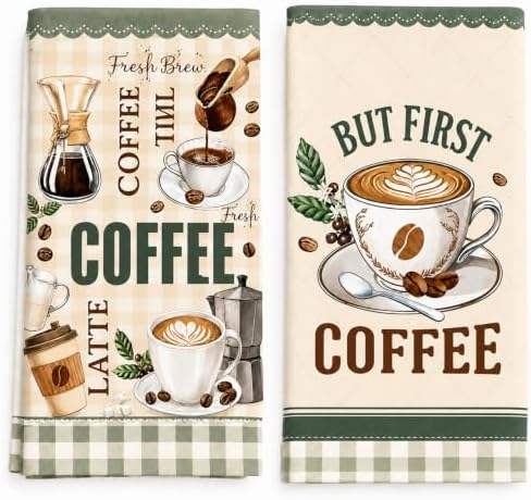 2 Pack Coffee Kitchen Towels, Coffee Cup Decorative Dish Towel Set by Z-synka