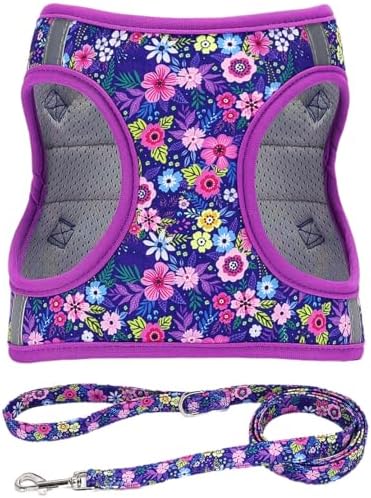 Step in Dog Harness Leash Set- All Weather Reflective No-Pull Floral Pattern by MOONPET
