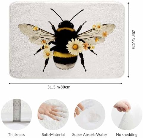 Bee Bath Rugs Wings Flowers Yellow Bee Bug Animal Microfiber Bathroom Mat Soft - Image 3