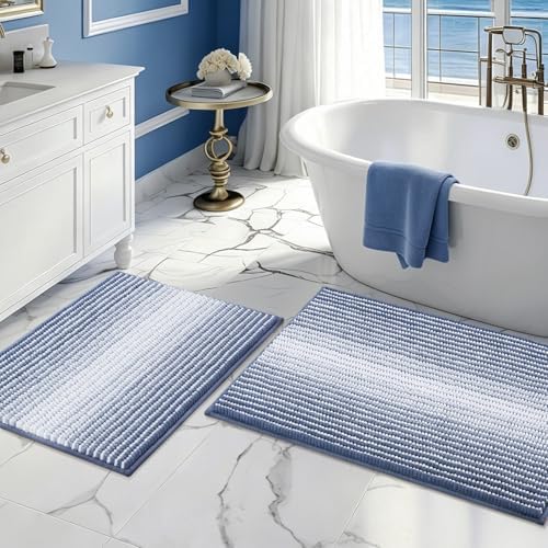 BSICPRO Bathroom Rugs Sets 2 Piece, Non Slip Striped Bath Mats, Denim Blue by BSICPRO