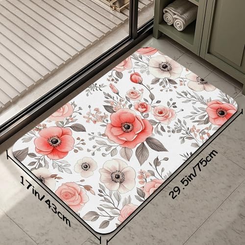 Vintage Poppy Flowers Bathroom Rug 29.5"x17", Super Absorbent Fast Drying Bath - Image 2