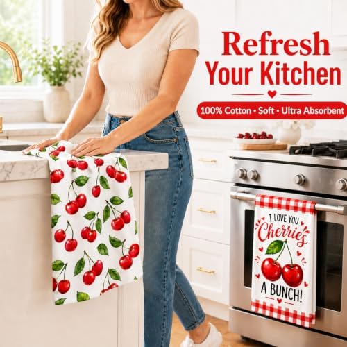 2 Pack Cherry Kitchen Towels, Retro Fruit Decorative Dish Towel Set - Image 3