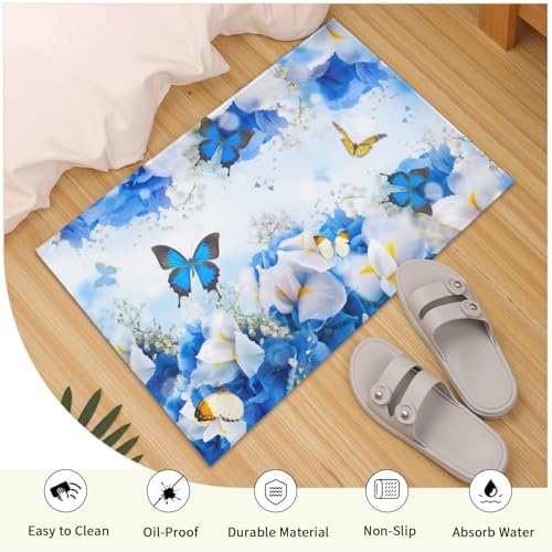 Giwawa Blue Floral Bath Rug Flower Butterfly Bathroom Carpet Extra Soft Plush - Image 5